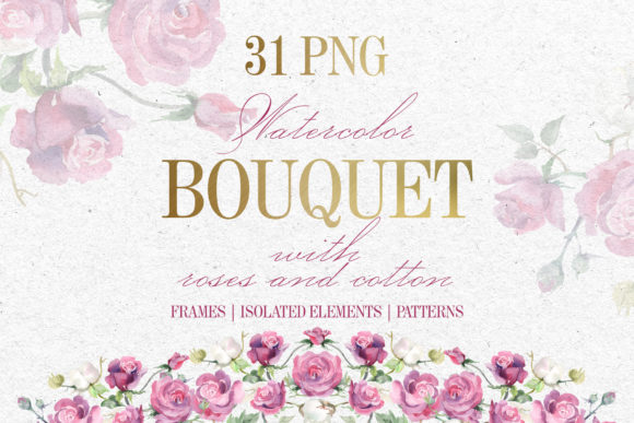 Bouquet with Roses and Cotton Watercolor Png for Creative Projects