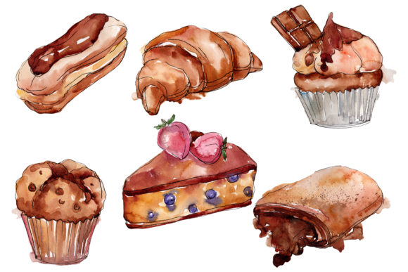 Dessert Cake with Chocolate and Croissant Watercolor: A Versatile Design Resource for Creatives